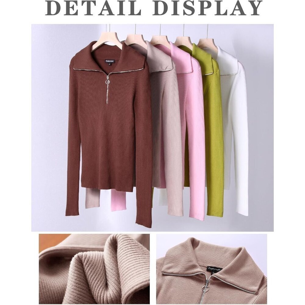 Women's Ribbed Knit Quarter-Zip Sweater Slim Fit Casual Business Winter Top - Picture 2 of 2